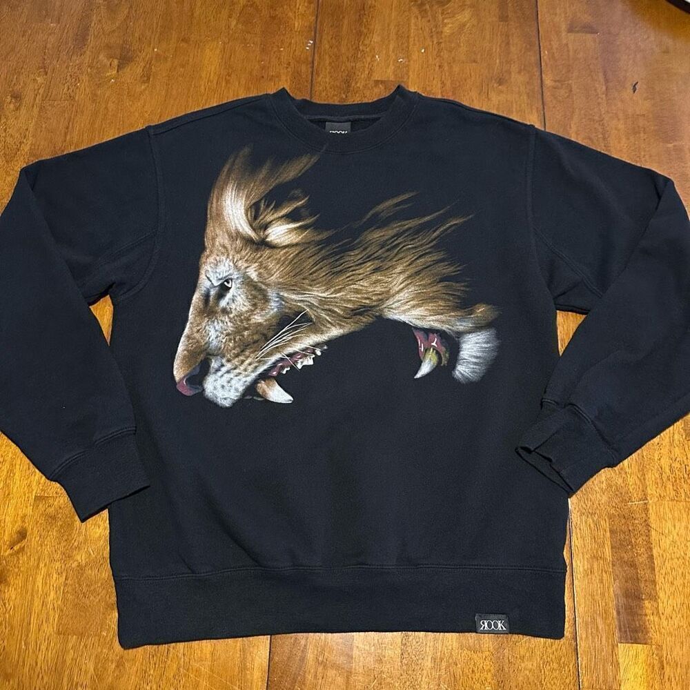 Rook Mens Crewneck Black Sweater Roaring Lion Graphic Cotton Blend Size M